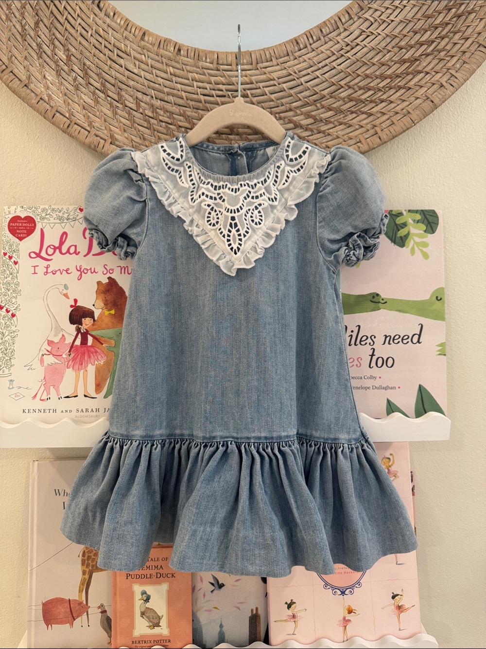 H&M Blue Denim Dress with White Lace Bib